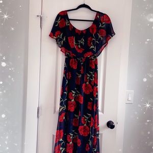 Lovely red floral print full length summer dress